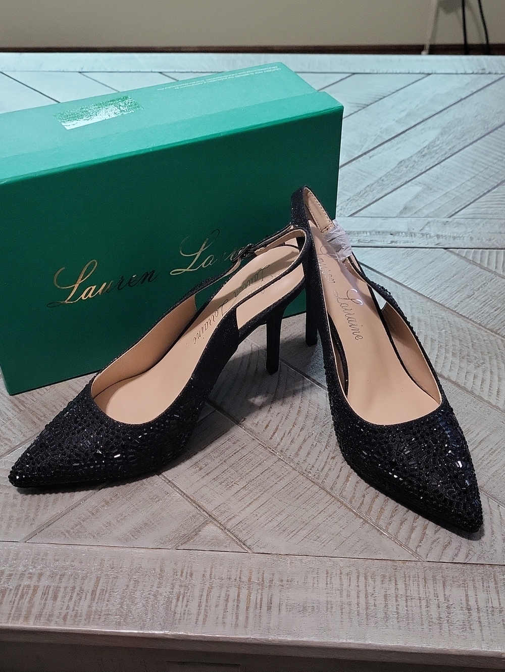 Lauren Lorraine Rachel Black Beaded Pointed-Toe Slingback Heels